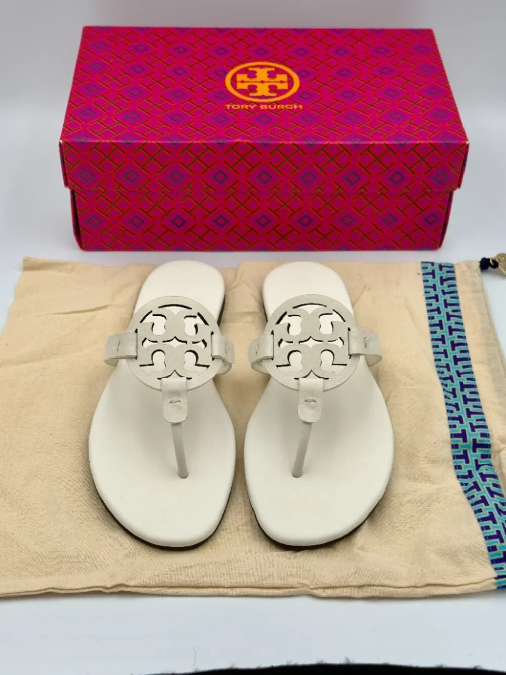 Tory Burch Miller Soft Sandals Ivory Leather Size 8